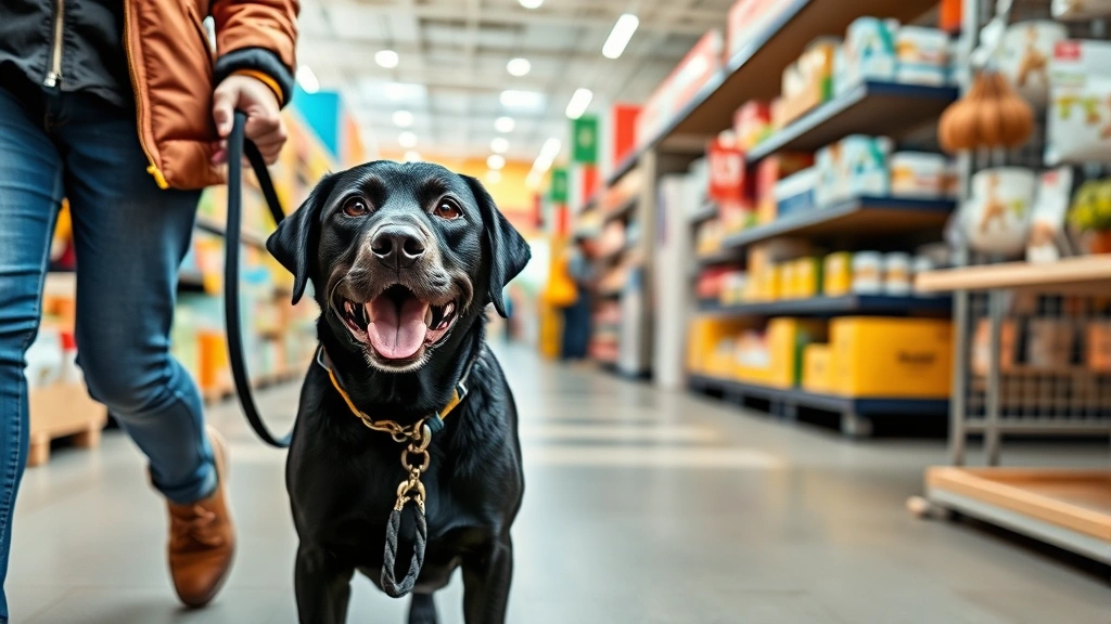 Happy black Labrador retriever walking alongside a person holding a leash in a busy home improvement retail environment with natural lighting