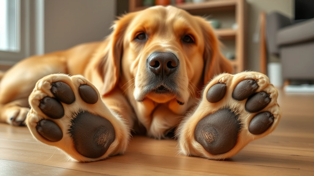 Golden Retriever lying down with front paws stretched forward, showing paw pads clearly, relaxed expression, indoor setting with soft natural lighting