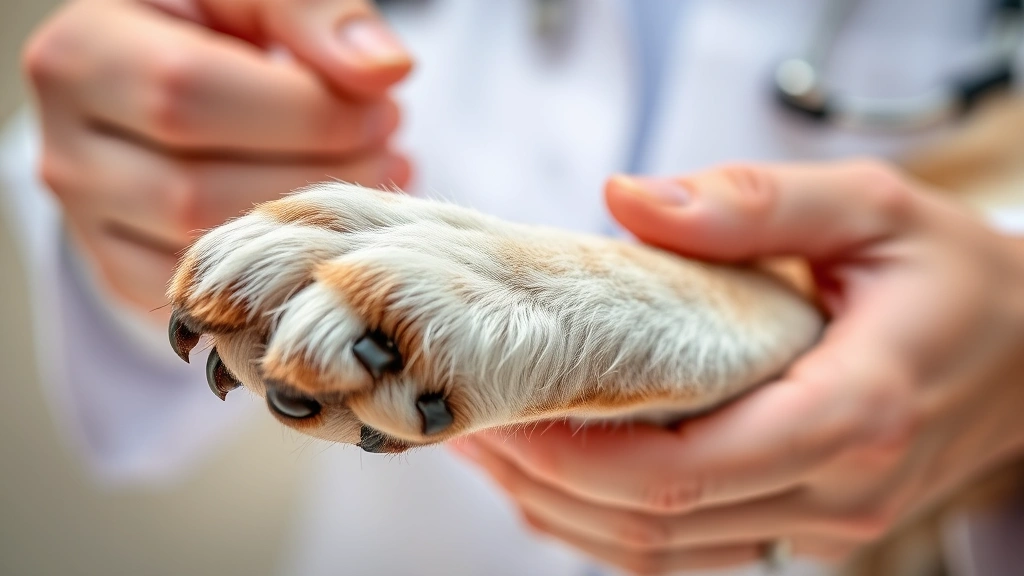 Close-up of a dog's paw pad during examination, veterinarian's hands gently holding the paw, clinical but gentle atmosphere, warm lighting