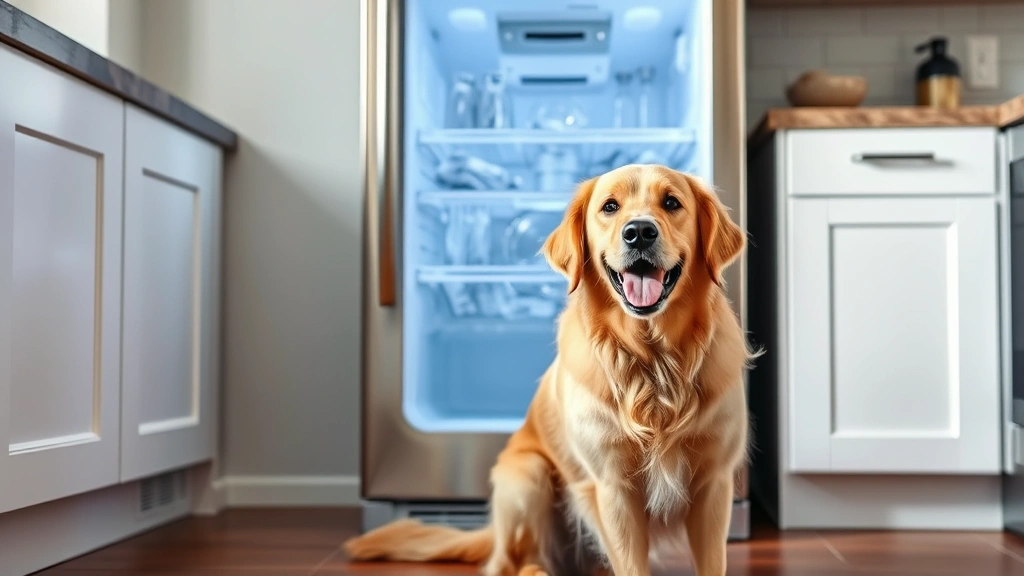 A happy golden retriever sitting in front of a modern freezer with frost around the door, tail wagging, kitchen setting, bright natural lighting