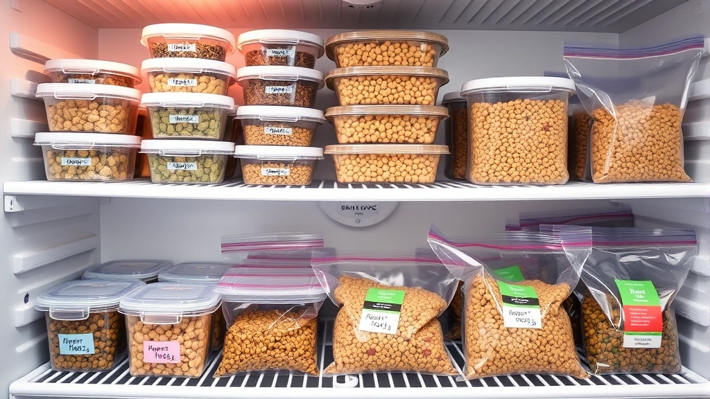 Neatly organized freezer shelves displaying clear containers and vacuum-sealed bags of dog food, color-coded labels visible, clean professional arrangement
