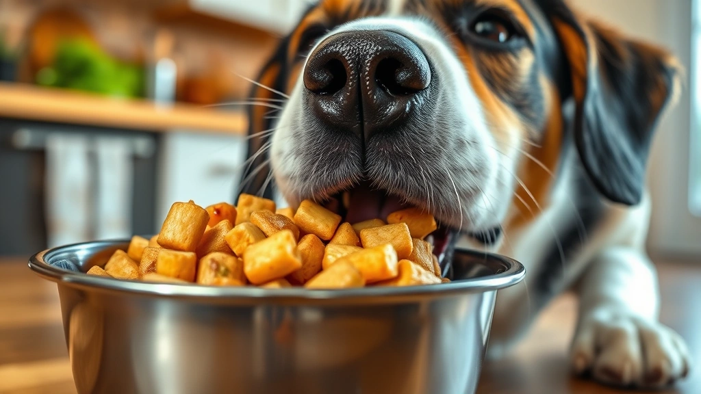 Close-up of a dog eagerly eating thawed fresh food from a stainless steel bowl, wet nose visible, warm cozy kitchen background, natural daylight