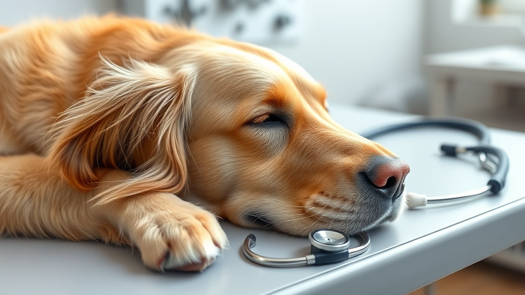 Golden retriever lying peacefully on veterinary examination table with stethoscope nearby, no text no words no letters
