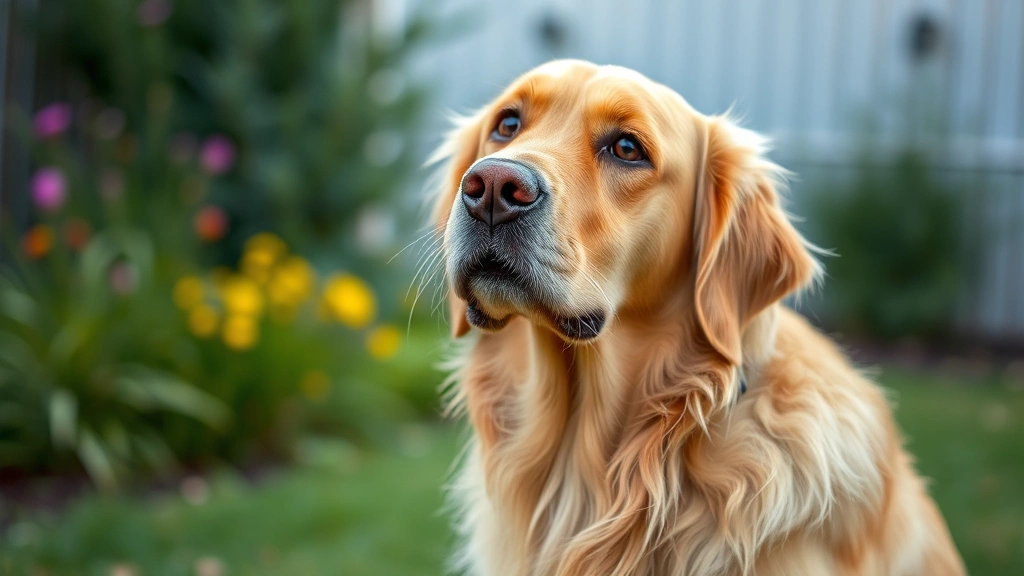 Golden retriever scratching behind ear with concerned expression, outdoor garden setting with soft natural lighting