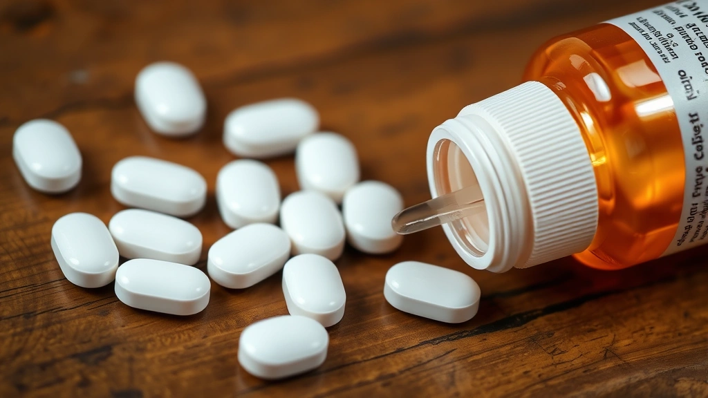 Close-up of white medication tablets and liquid antihistamine bottle with dropper on wooden surface, warm lighting