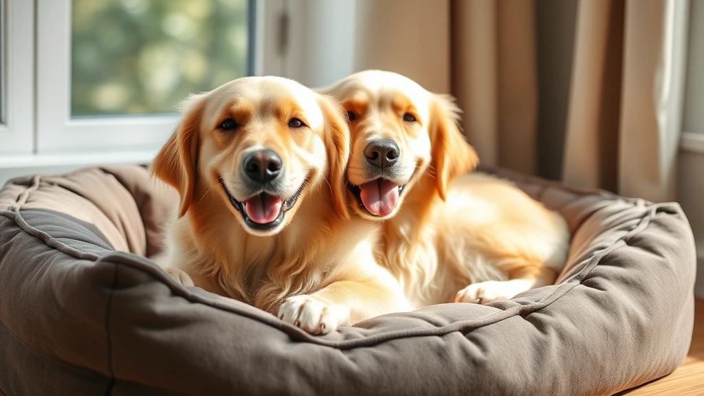 Smiling golden retriever lying comfortably on cushioned dog bed looking peaceful and healthy, bright natural window light