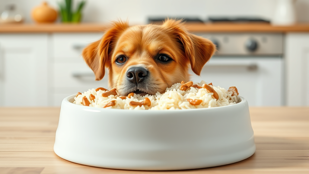 Healthy dog bowl with bland rice and chicken meal, clean kitchen counter background, no text no words no letters