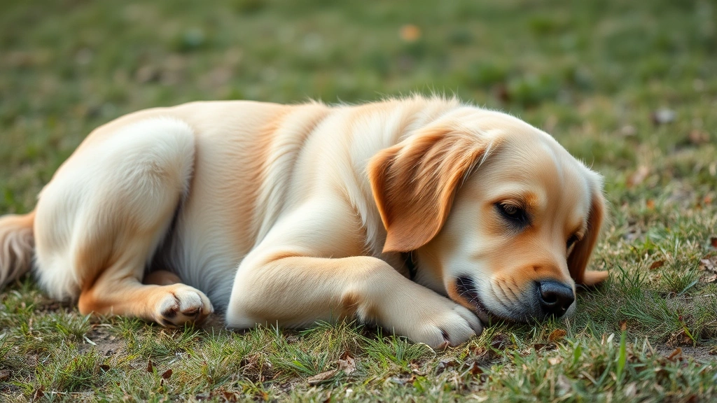 Golden Retriever lying on soft grass looking uncomfortable with paw on stomach, natural outdoor setting, gentle lighting, side profile view showing distressed posture
