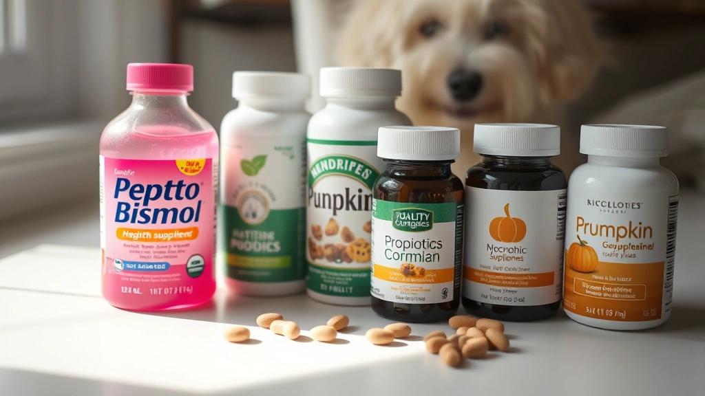 Close-up of pink Pepto-Bismol bottle next to various dog health supplements including probiotics and pumpkin, arranged on white surface with natural morning light