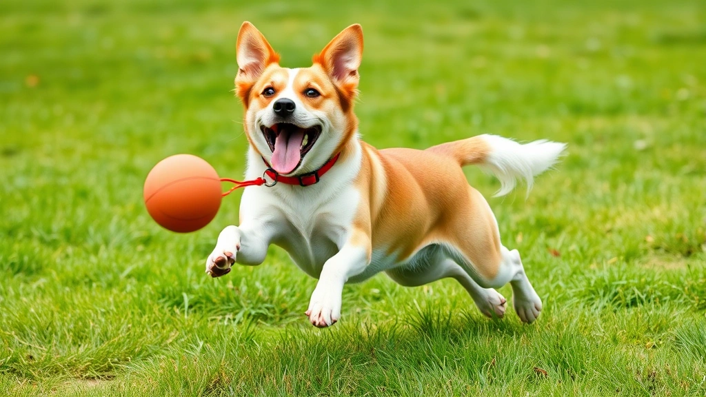 Happy healthy dog playing fetch in park with bright energy, showing normal appetite and vitality, mid-action jumping pose against green grass background