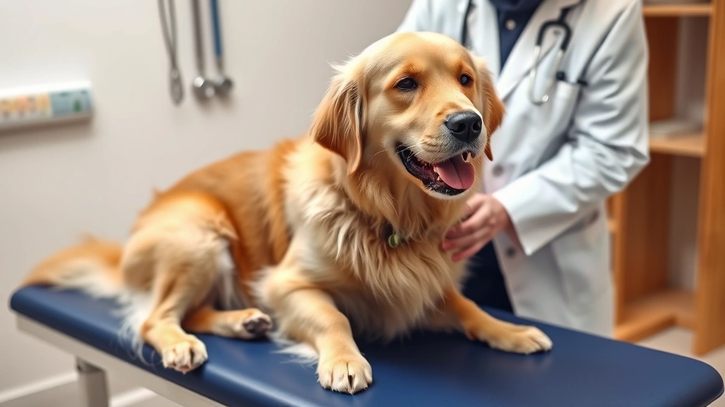 Golden Retriever sitting on a veterinary examination table with a veterinarian in a white coat examining the dog's abdomen with a stethoscope, professional clinic setting