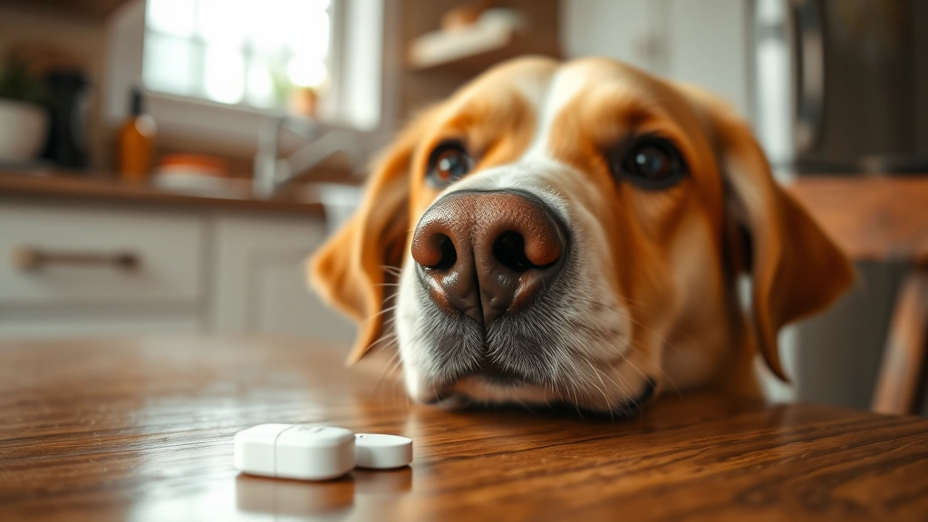 Close-up of a dog's face looking at a white antacid tablet on a kitchen table, curious expression, natural lighting from window