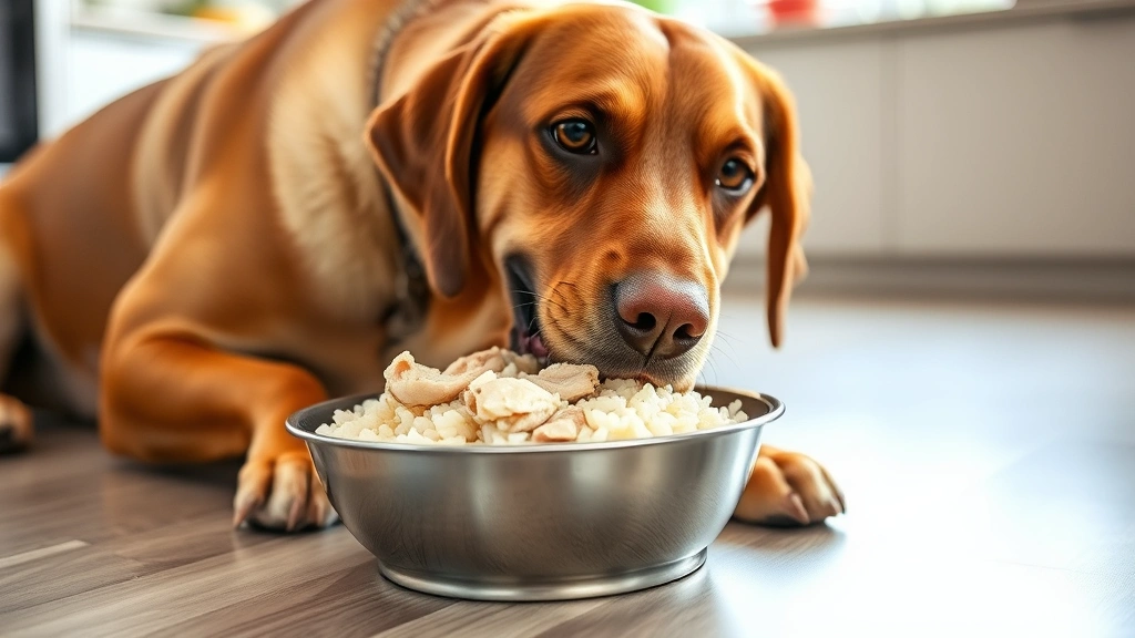 Happy Labrador Retriever eating from a stainless steel bowl containing plain boiled chicken and rice, bright kitchen background
