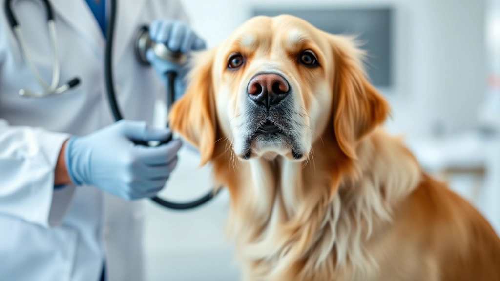 Golden retriever being examined by veterinarian with stethoscope in clinical setting, dog looking calm and trusting, bright professional medical environment
