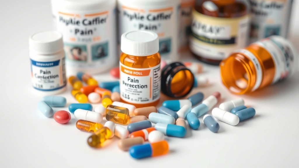 Close-up of various veterinary pain medication bottles and tablets on clean white surface, multiple colored pills and capsules, professional pharmaceutical display