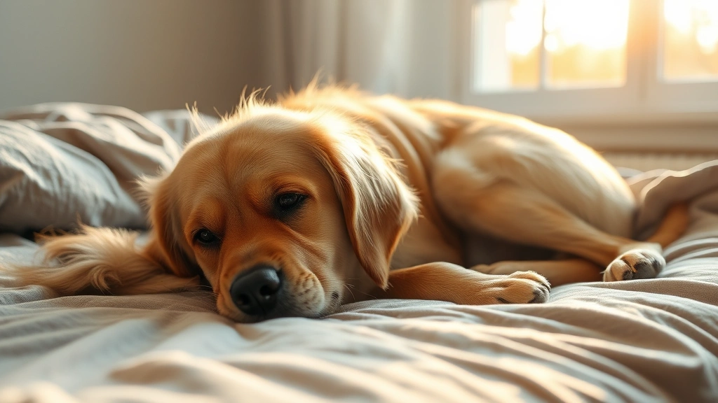 Golden retriever lying on a cozy bed, looking uncomfortable with a slight limp, morning sunlight streaming through a window behind the dog