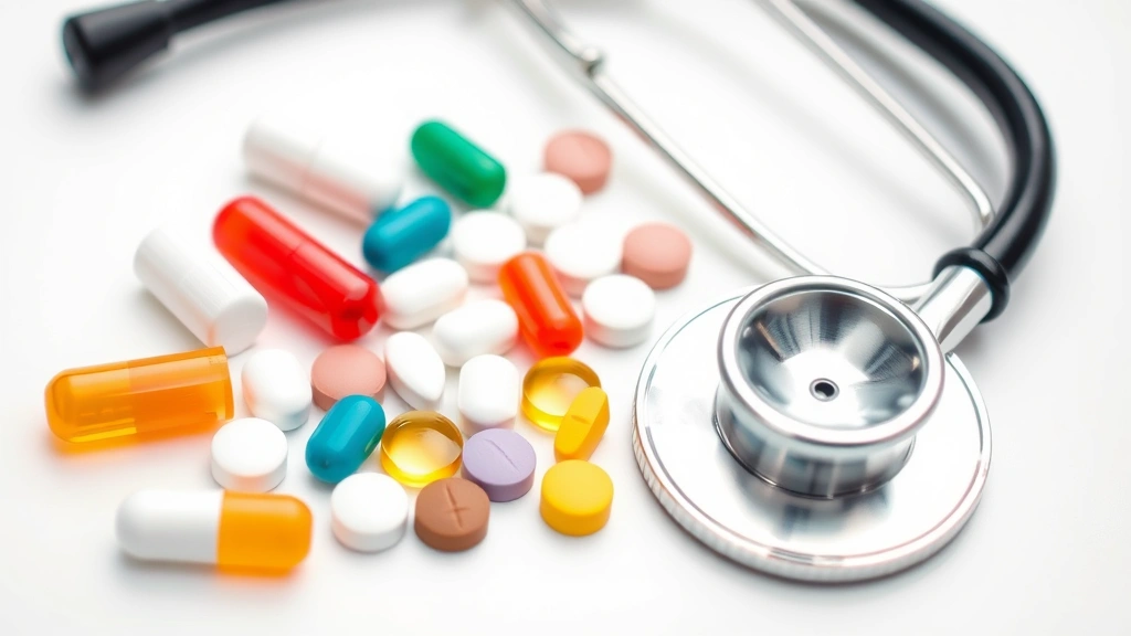 Close-up of various veterinary medications and tablets on a white surface with a stethoscope, representing professional pet healthcare options