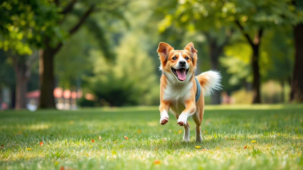 Happy senior dog playing fetch in a green park, running freely with joy, demonstrating active and healthy movement without pain