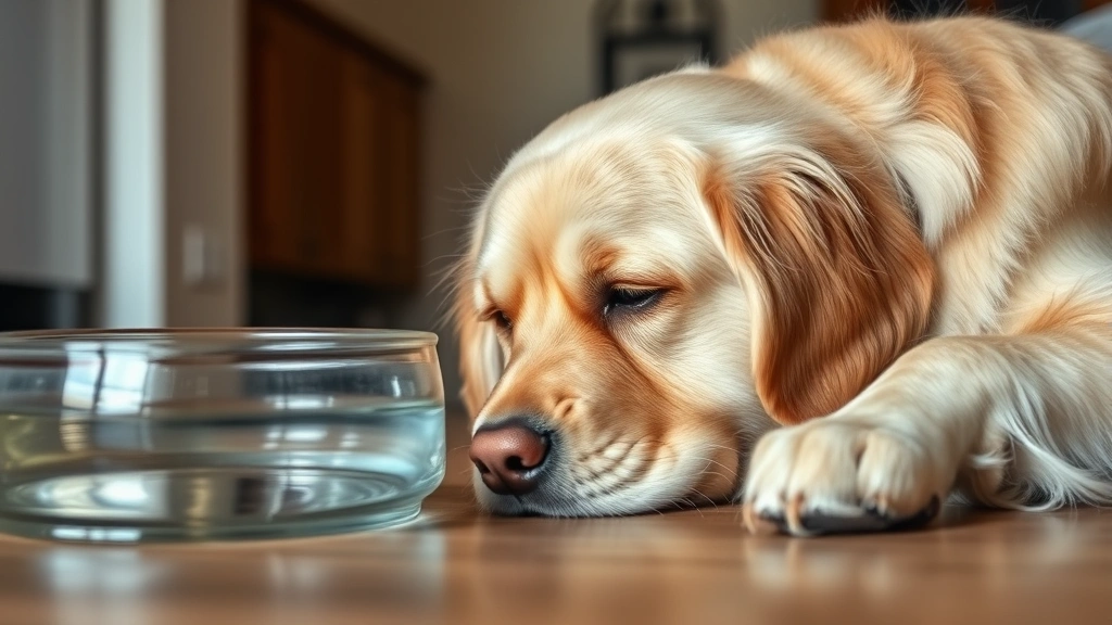 Golden Retriever lying down appearing dehydrated and tired, looking at a water bowl, indoor setting with soft lighting