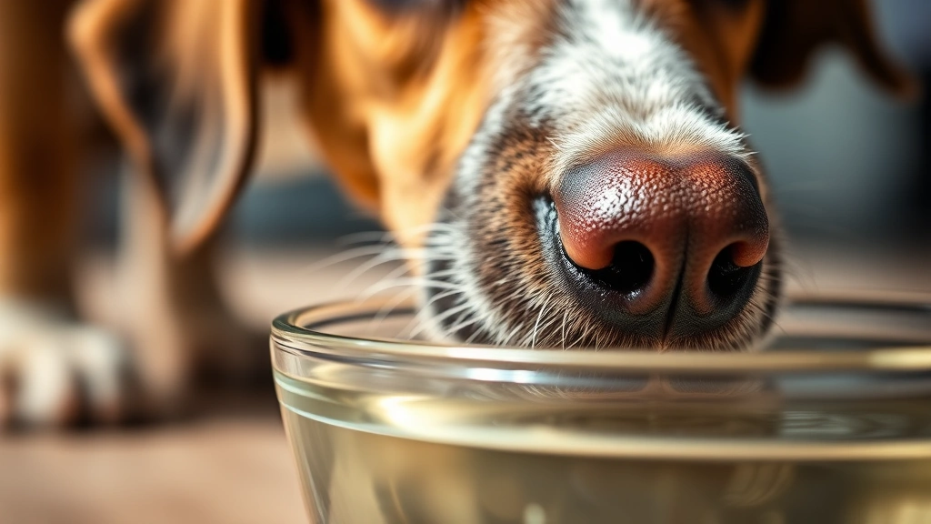 Close-up of a dog's mouth and nose drinking from a bowl of clear liquid, shallow depth of field, natural daylight