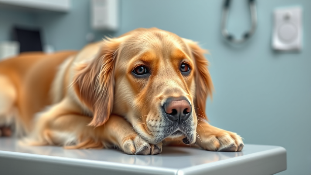 Golden retriever with concerned expression lying on veterinary examination table, no text, no words, no letters