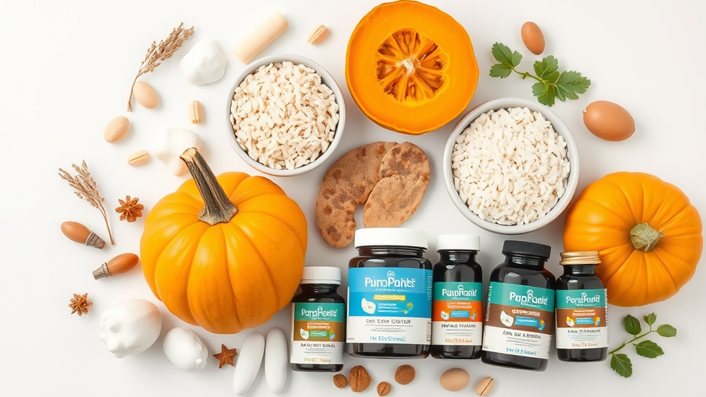 Various dog-safe digestive remedies including pumpkin, rice, and probiotic supplements arranged naturally, no text, no words, no letters