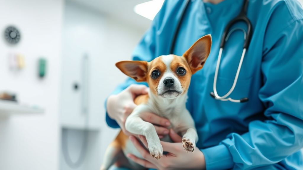 Veterinarian examining small dog's abdomen in modern clinic setting, professional medical care, no text, no words, no letters