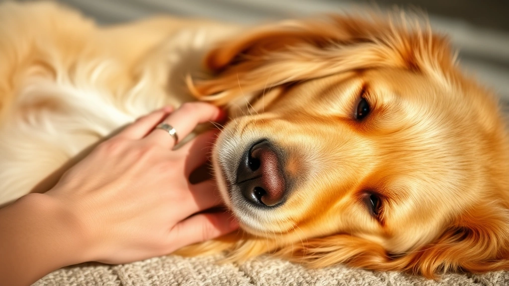 Golden retriever lying down with hand gently touching its stomach, soft natural lighting, peaceful expression