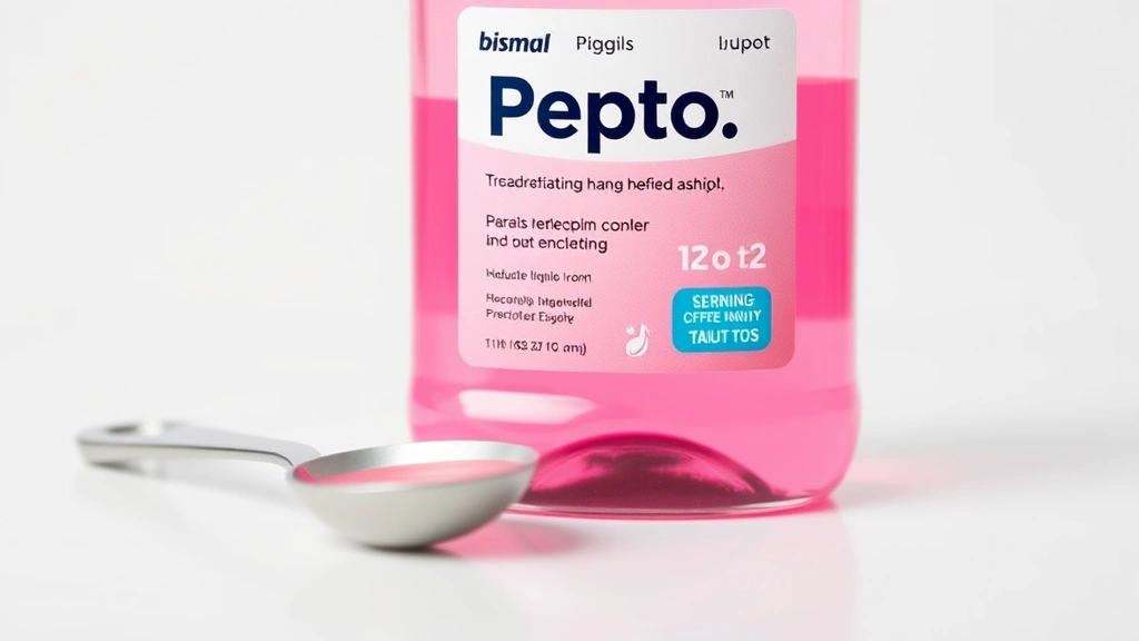 Close-up of pink liquid Pepto Bismol bottle with measuring spoon beside it, clean white background, bright lighting
