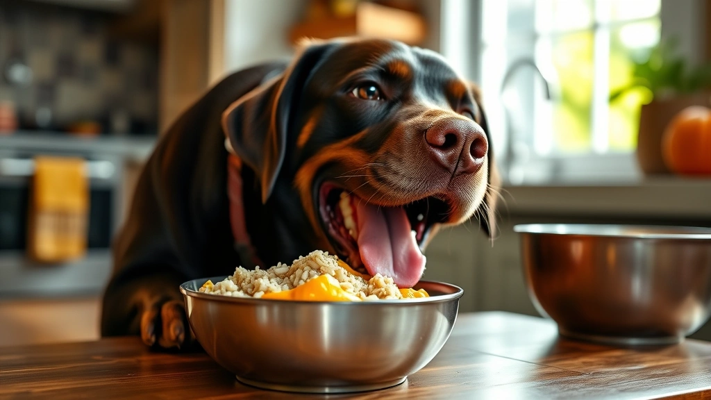 Happy Labrador retriever eating from a bowl of pumpkin puree and rice, warm home kitchen setting, natural daylight