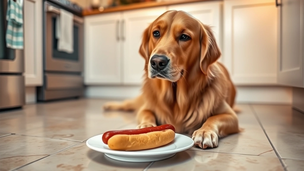 A golden retriever looking at a plate with a single hot dog on it, sitting obediently on a kitchen tile floor, warm lighting from above