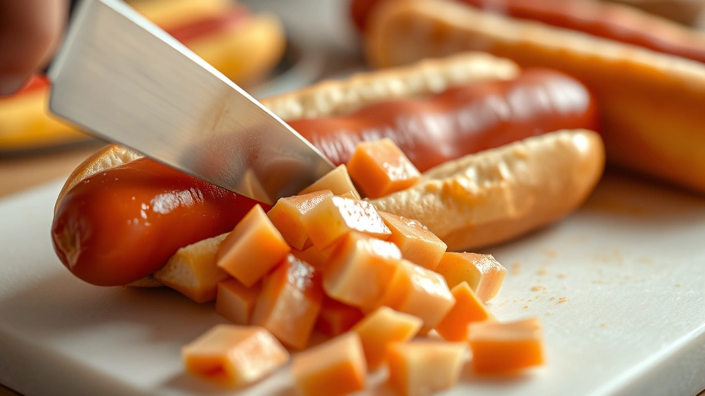 Close-up of a steaming hot dog being cut into small pieces on a white cutting board with a knife, fresh and glistening