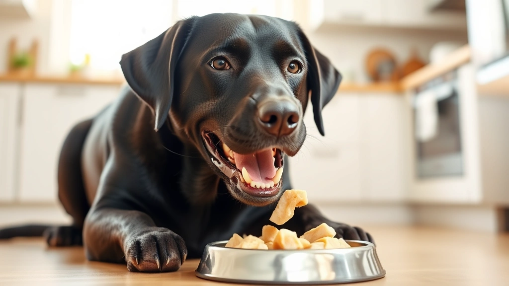 A happy Labrador eating small pieces of chicken from a dog bowl, bright kitchen background, natural daylight