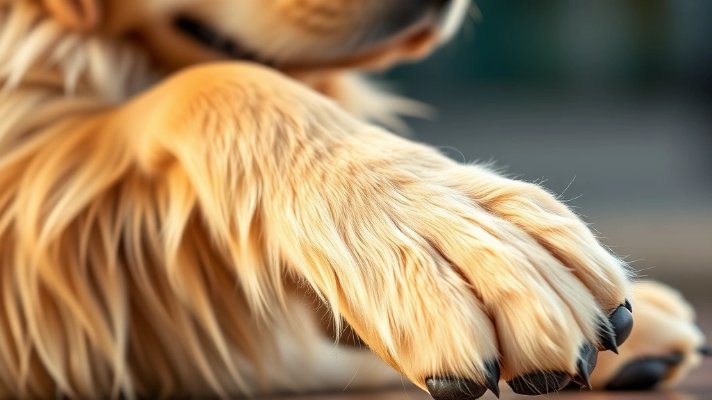 Golden Retriever with moisturized, healthy-looking fur and skin, close-up of paw pads, soft natural lighting, serene background