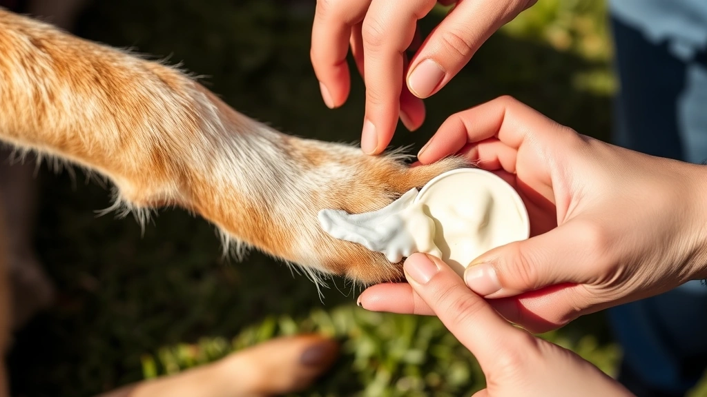 Dog's paw pad being gently treated with protective balm, showing application technique, warm daylight, hands applying product carefully