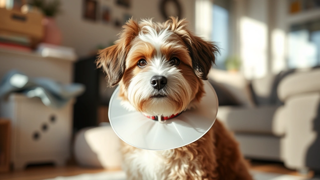 Fluffy dog wearing Elizabethan cone collar, sitting calmly in home environment, afternoon sunlight, peaceful domestic setting