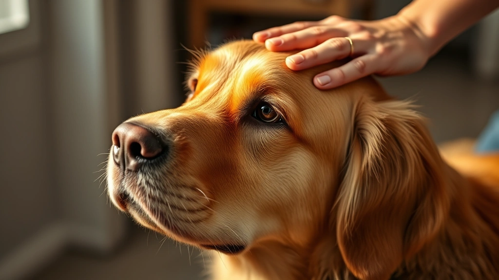 Golden retriever being gently petted on head by owner's hand applying topical treatment, photorealistic warm lighting
