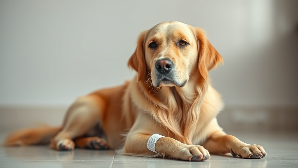 Golden retriever with small bandage on paw sitting peacefully, veterinary care concept, warm lighting, no text no words no letters