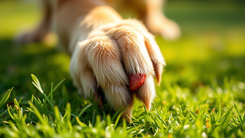 Close-up of a dog's paw with a minor scrape, natural lighting, soft focus background, golden retriever paw on grass