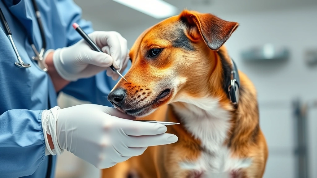 Veterinarian examining a dog's wound with sterile instruments in a bright clinic, hands wearing latex gloves, focused medical setting