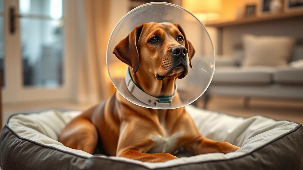 Labrador retriever wearing an Elizabethan collar indoors, sitting calmly on a dog bed, warm home lighting, protective cone visible