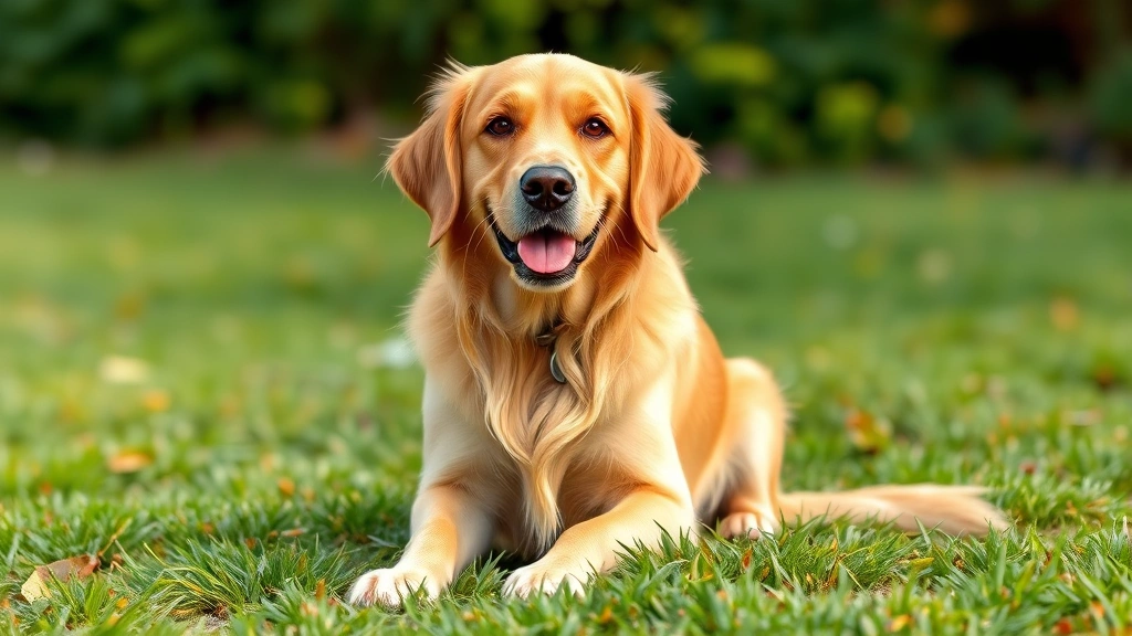 Golden retriever sitting outdoors with paws visible on grass, looking at camera with friendly expression