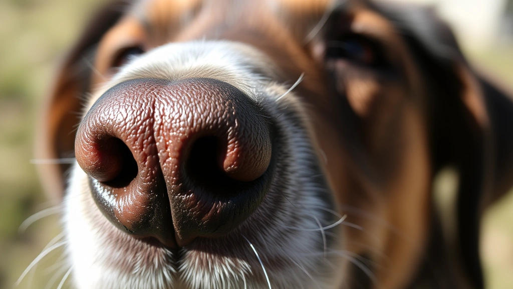 Close-up of dog's dry cracked nose and facial features in natural lighting, showing texture detail