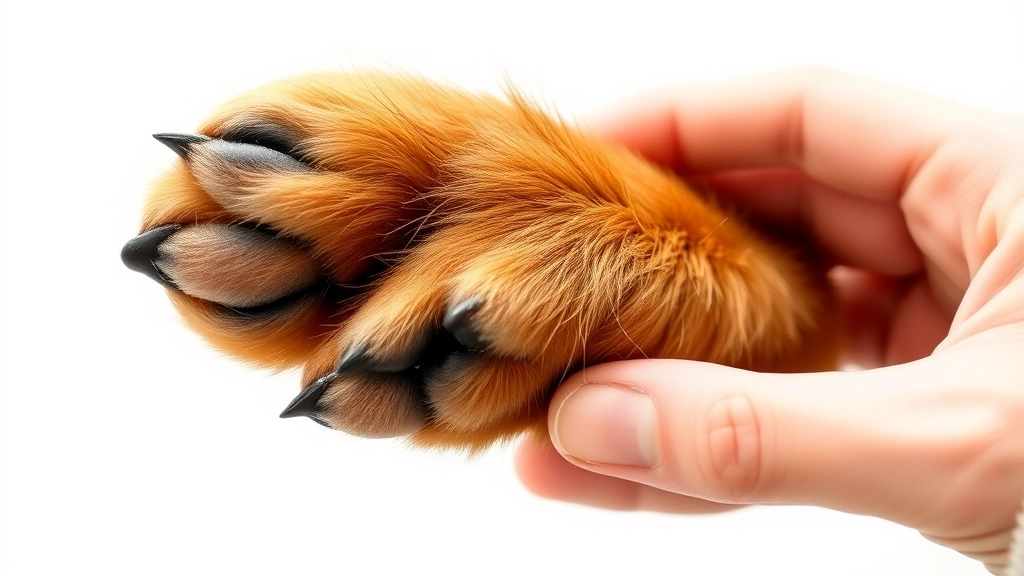 Dog's paw pad being gently examined by human hands against soft white background, showing paw detail