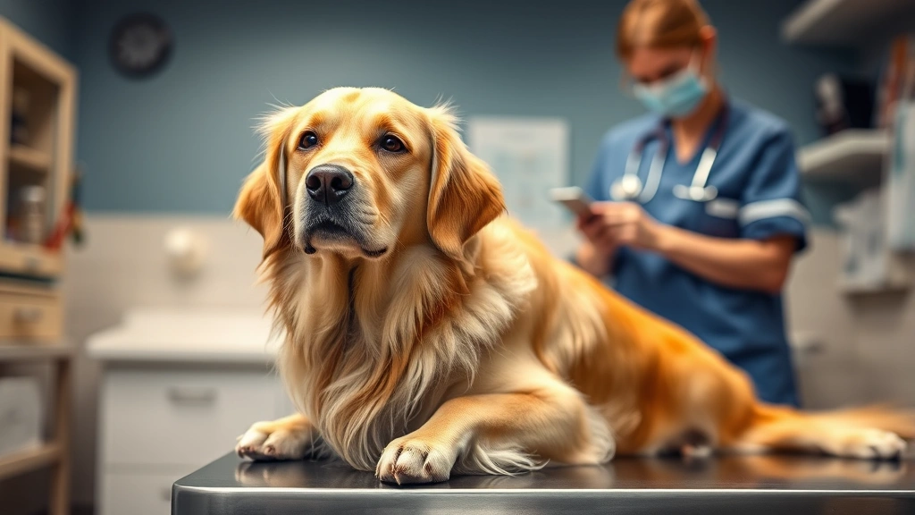 Female golden retriever sitting calmly at veterinary clinic examination table with professional vet in background, warm lighting, peaceful setting
