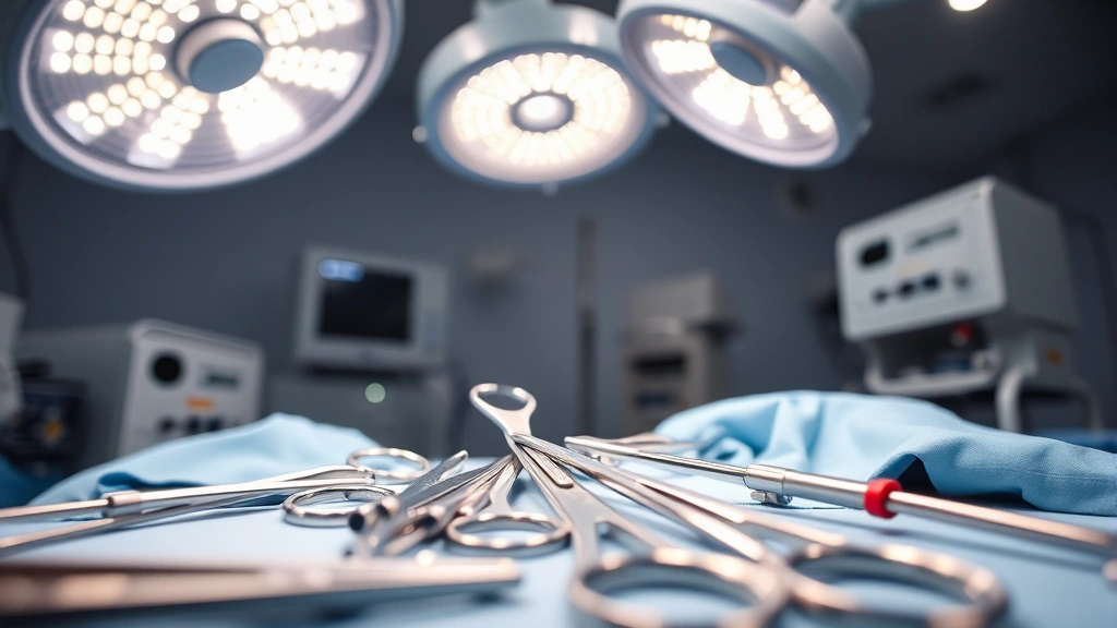 Close-up of veterinary surgical instruments and sterile field setup for spay procedure, professional medical environment with surgical lights overhead