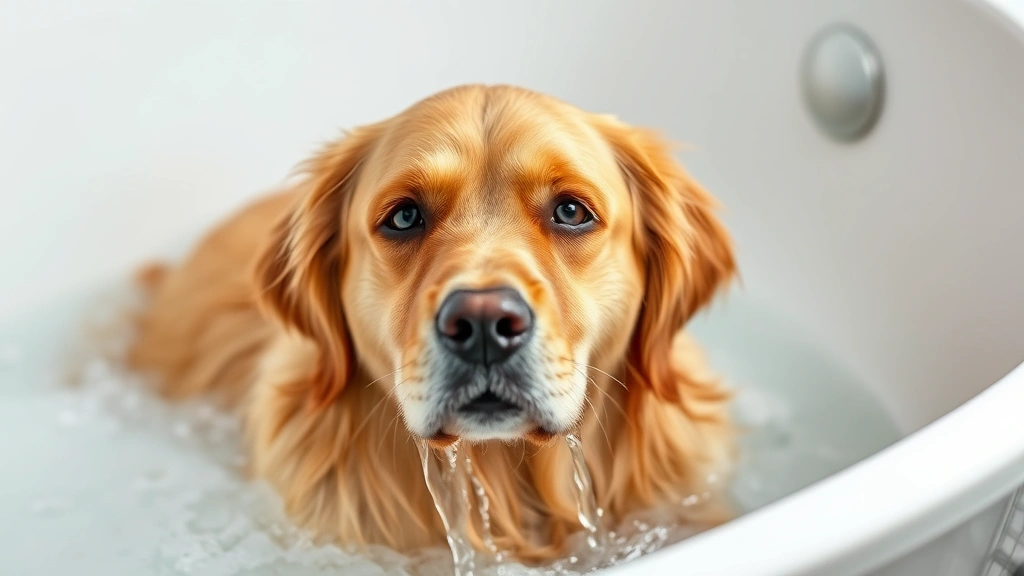 Golden retriever enjoying a warm bath with water droplets cascading over its wet coat in a white bathtub, looking relaxed and calm