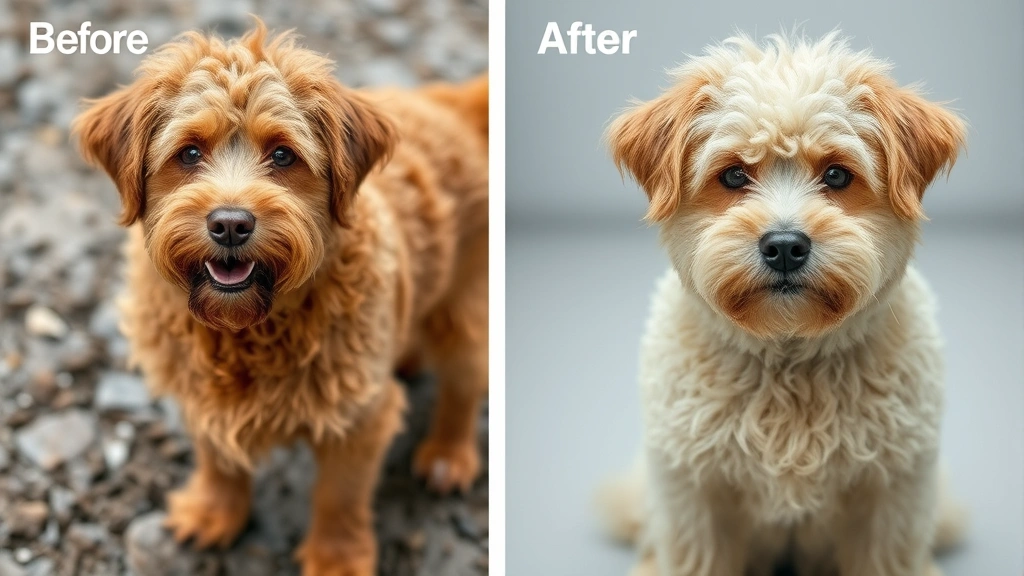 Before and after comparison showing a muddy brown dog on the left side and the same dog clean with fluffy dry coat on the right side