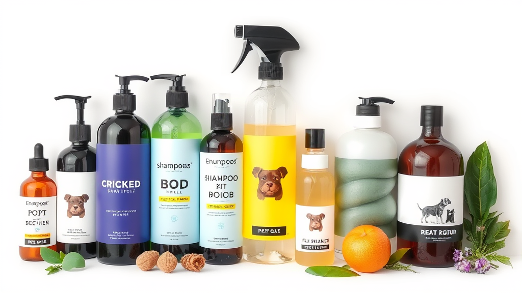 Various pet shampoo bottles and natural grooming alternatives arranged, no text no words no letters