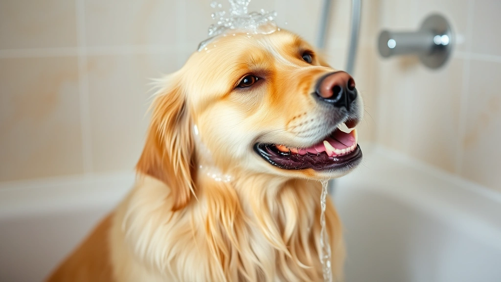 Golden Retriever being bathed with dog shampoo, water streaming over its wet coat, calm and content expression, bathroom setting
